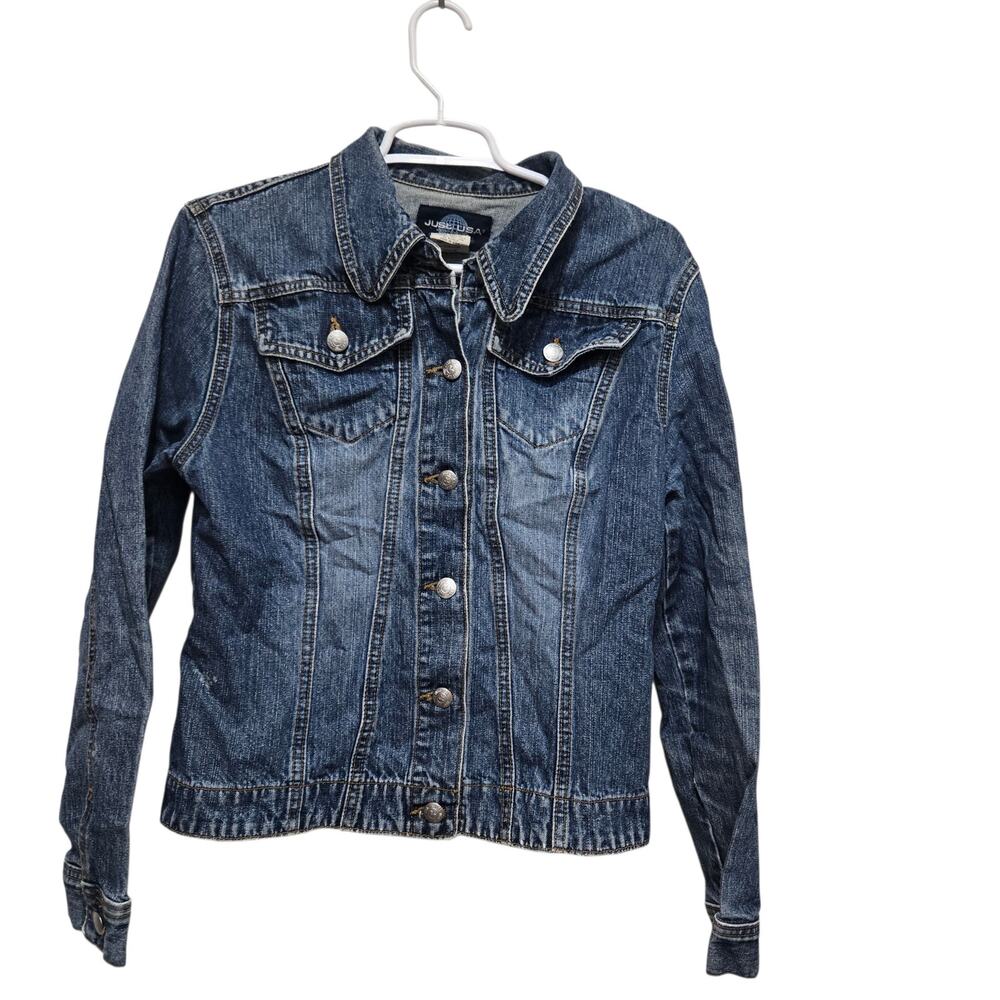 Just USA Small Acid Wash Denim Jacket Y2K Distressed Blue